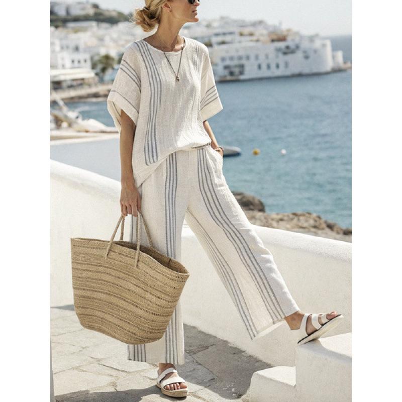 New striped linen suit women's summer loose casual wide-leg pants two-piece literary and artistic style large-size blouse