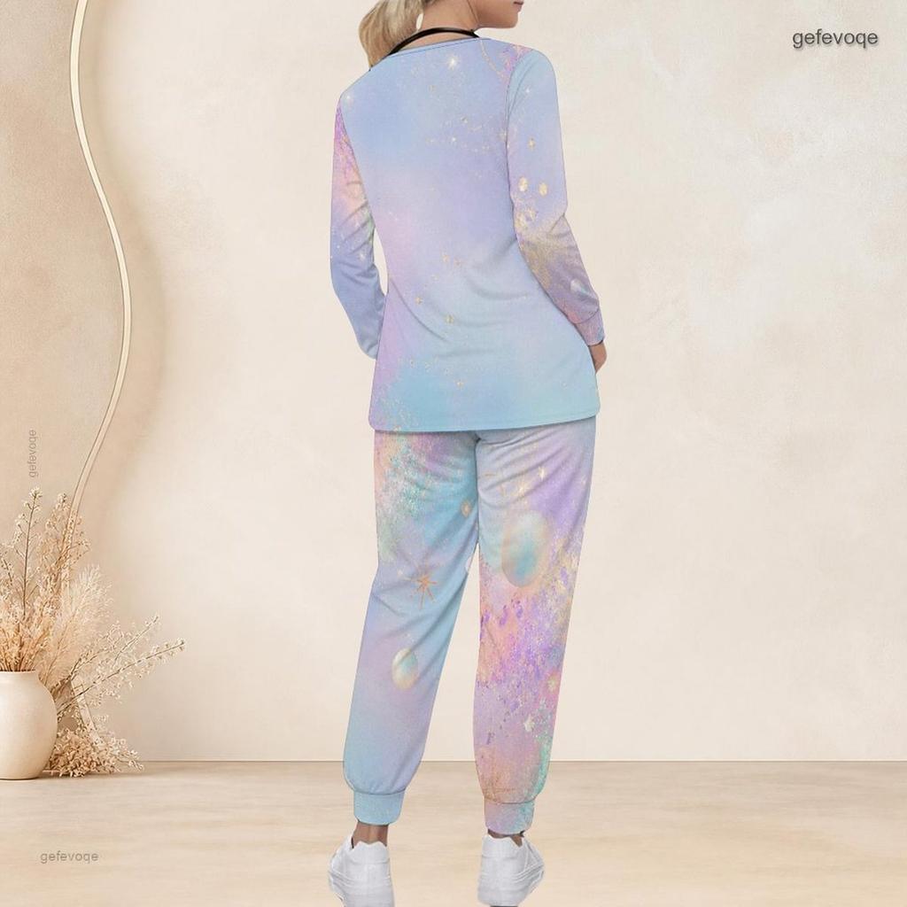Women Plus Size Pink Purple Printed Nurse Scrub Set V Neck Long Sleeve Pocket Top And Long Pants