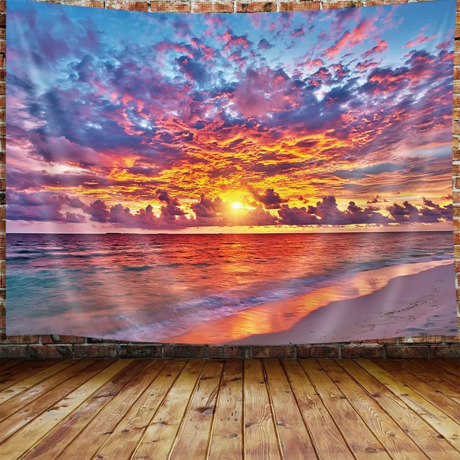 A tapestry depicting a tropical ocean and seascape on the wall 75x100