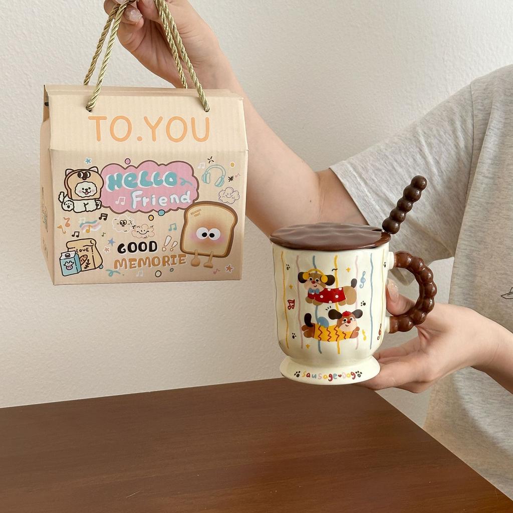 Cute Dachshund Dog Goblet Household Drinking Water Mug with Lid Spoon Office Ceramic Breakfast Coffee Milk Cup