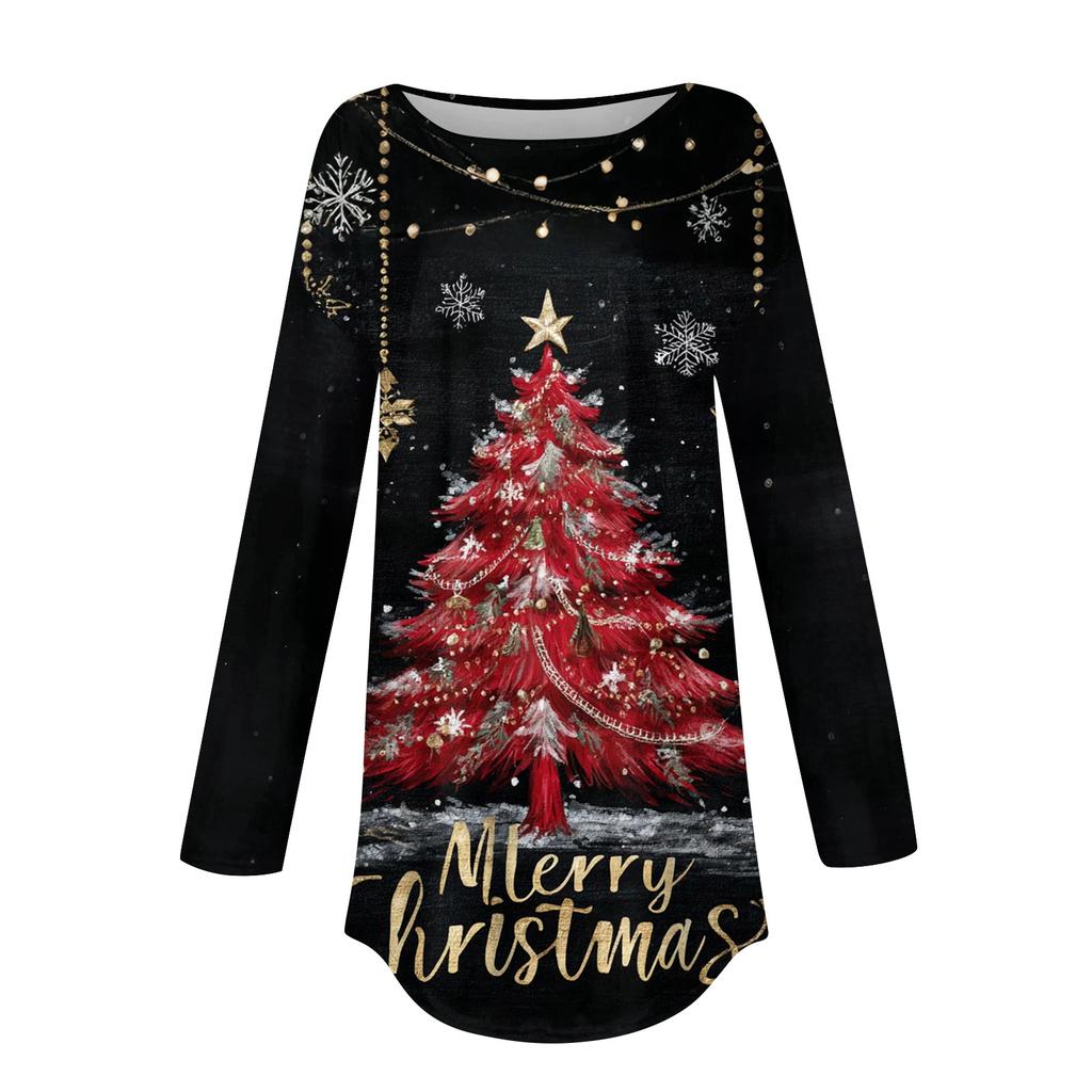 Tee Shirts For Women Casual Round Neck Long Sleeve Shirts Christmas Printing Top Pullover