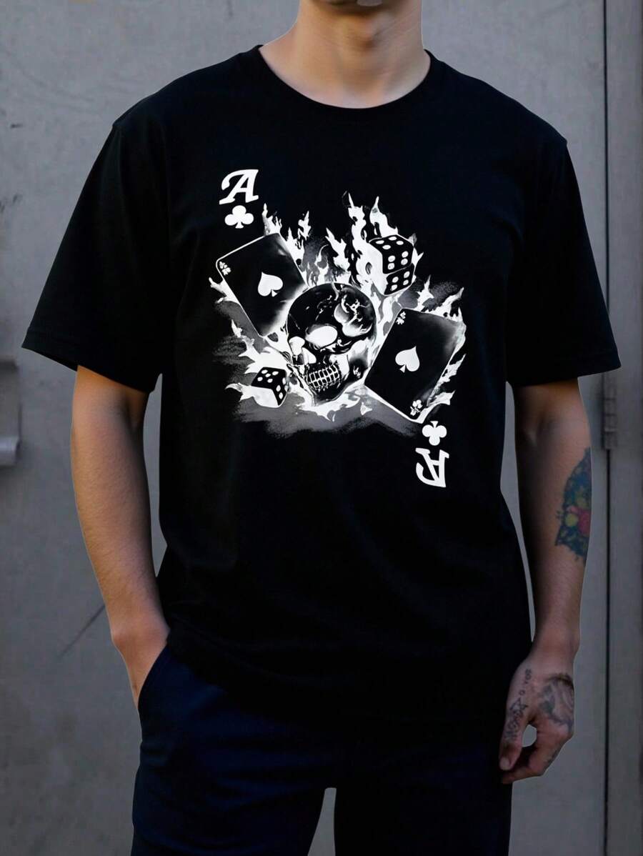 

Unisex Skull-Sleeve T-Shirt with Skull and Playing Card Print XL