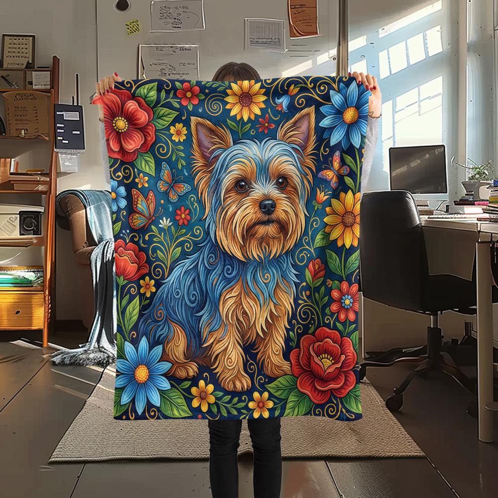 Sunflower Flowers and Puppies Print Flannel Blanket,High Quality Comfortable for All Seasons,Home Decor,Warmth and Comfort,Perfect for Christmas Gifts