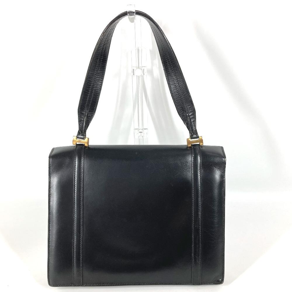 Hermes Bolsa de Mão com Aba e Logo Vintage Bolsa de Ombro Couro Preto/Ferragens Douradas