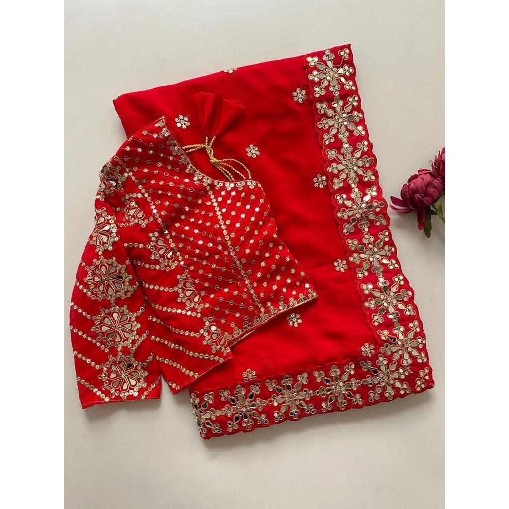 Sari Premium in Georgette Sintetica con Lavoro a Specchio