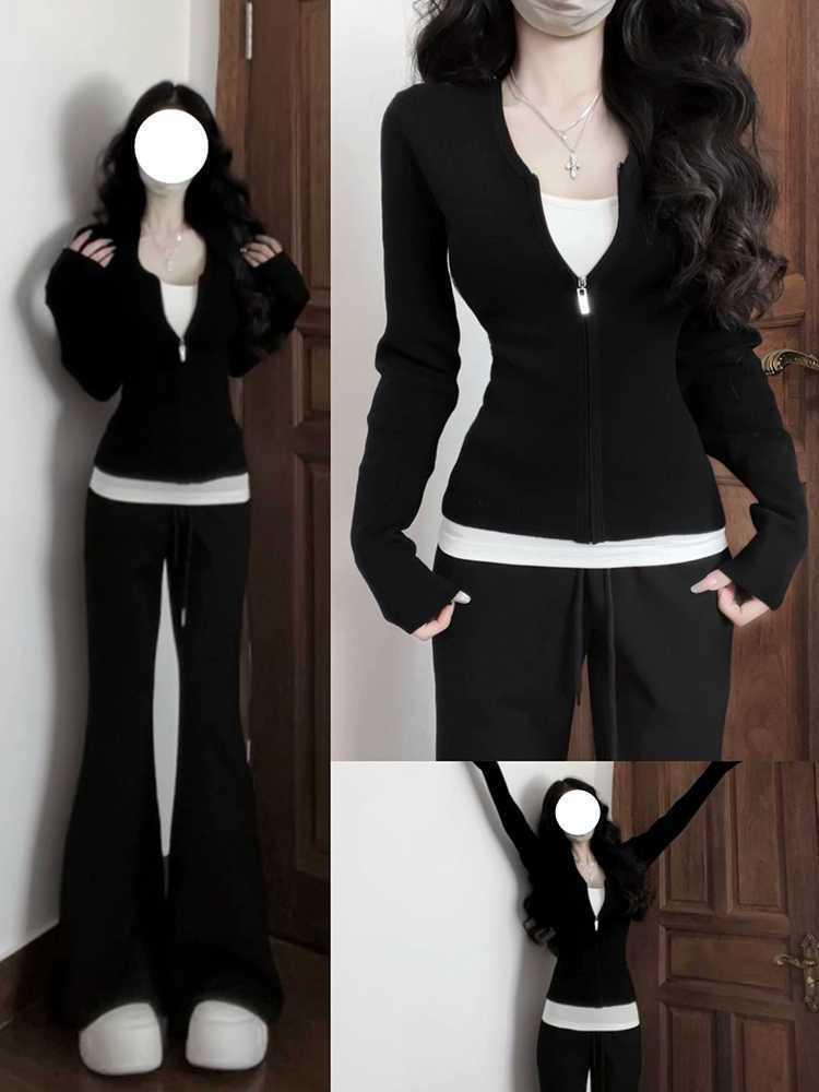 Korean Style Colorblock Two-Piece Zipper T-Shirt for Women - Slimming Spring/Autumn Top with Modern Design