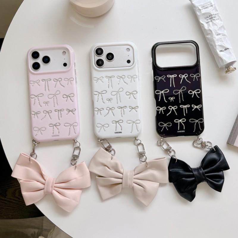 Cute Butterfly Knot Handheld Phone Case IPhone 17 Pro Max - Soft TPU Gel Cover With Chain Strap Pink White Black