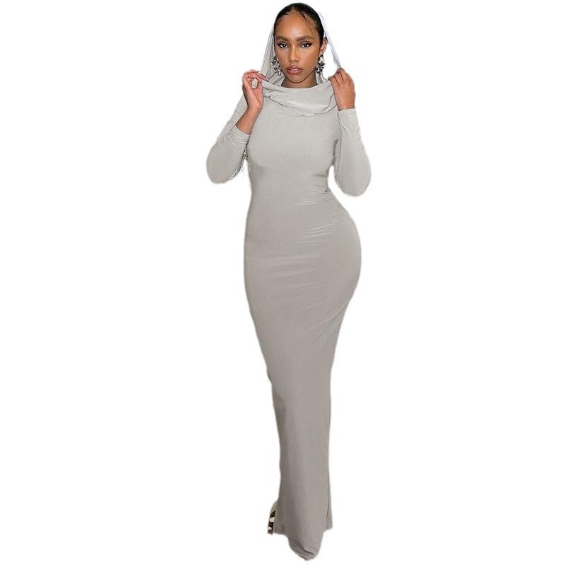 Damen Herbst Schlanke Einfarbige Kapuzen Hüfte Geteilte Kleider