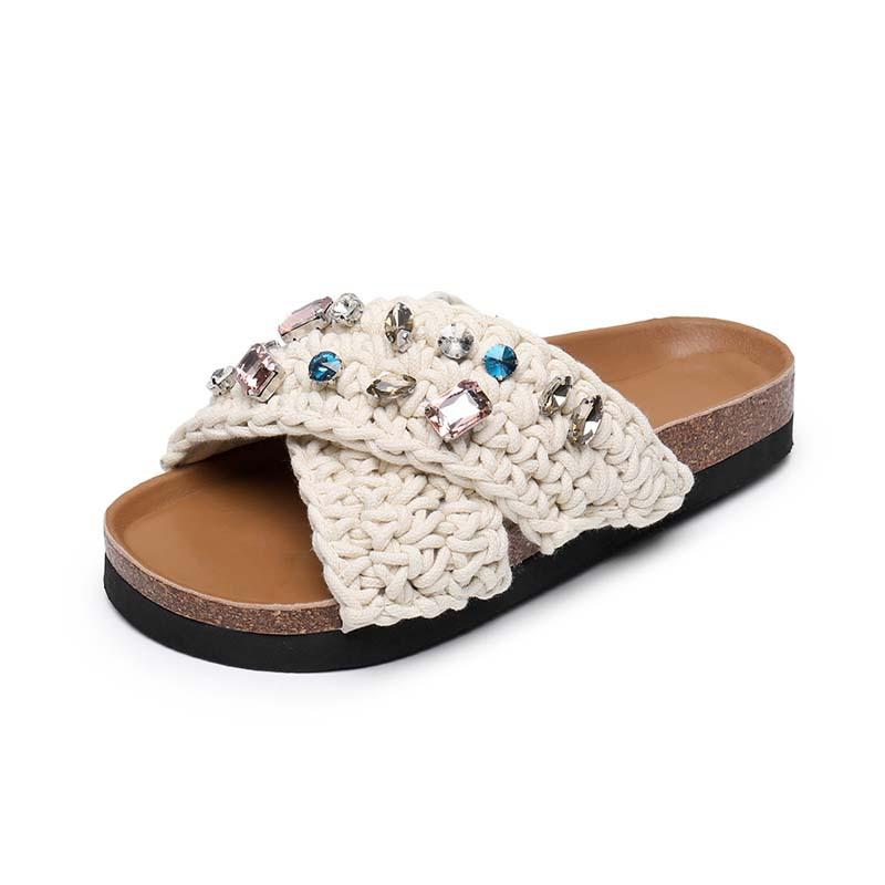 Pustende rhinestone flate tøfler myk bunn Bruk en fotpedal Lær tykk såle Halv drag