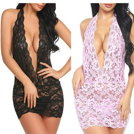 European & American Sexy Lace Halter Neck Hip-Hugging Nightgown