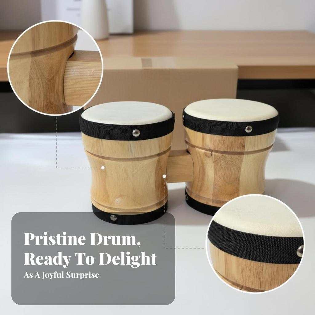 Wooden Drums Wood Finish Pair of Bongos Metal Rivets