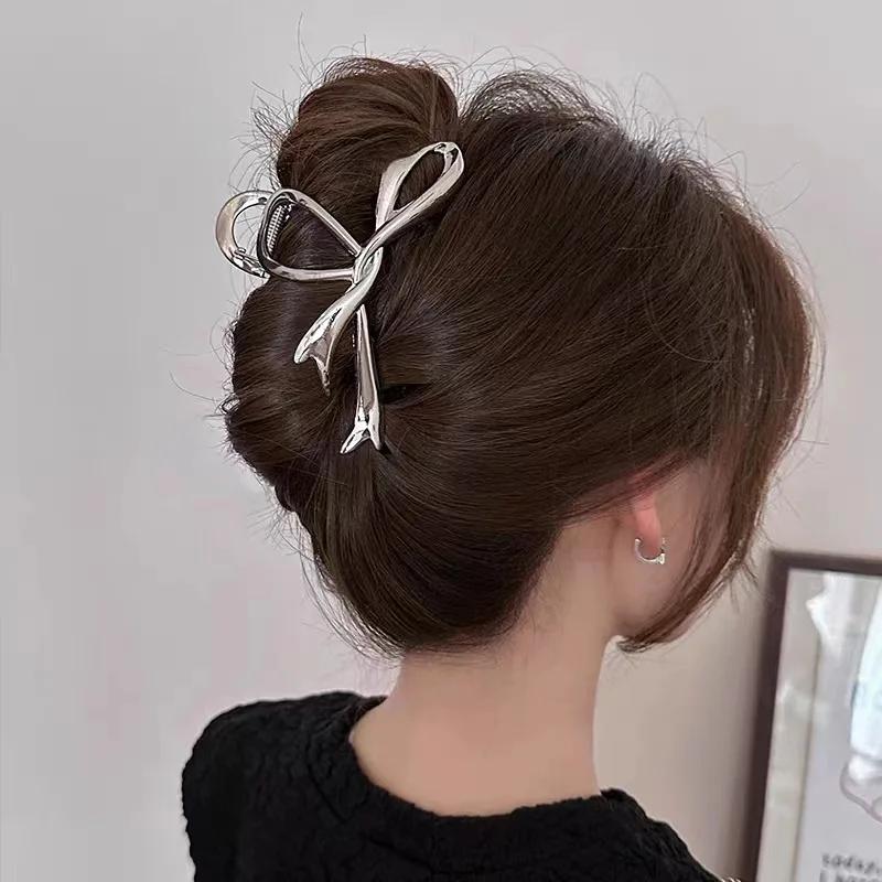Large Bowknot Womens Hair Claw Clip for Thick Thin Hair Accessories Trendy Elegant Gold Silver Metal Streamer Crab Clamp Jewelry
