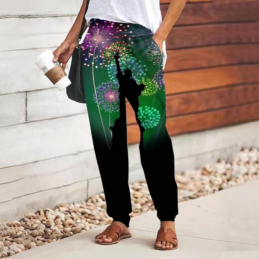 Women Fireworks Printing Pants Lace Up Elastic Waist Loose  Trousers Casual Long Pants Trousers with Pockets