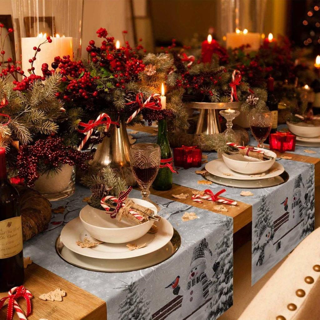 1pc Grey Marry Christmas Table Runner Snowman Printed Dustproof Durable Tablecloth for Xmas New Year Dinning Table Decoration