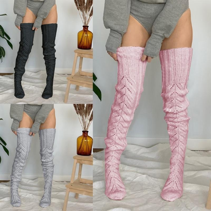 Hollowed Out Knitted Over Knee Long Socks for Women Winter Fall Thigh High Stockings Solid Color Thermal Long Leg Warmer
