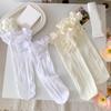 Women Japanese Aesthetic Hollowout Mesh Middle Tube Socks Striped Patterned Ruffle Trim Over Calf Socks with Bows Accent
