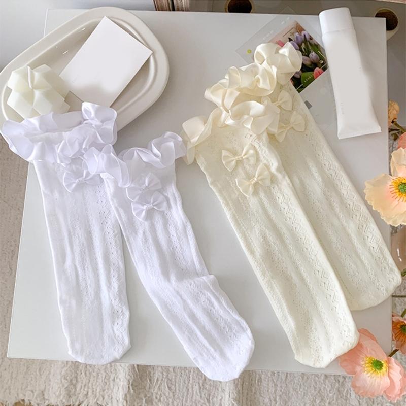 Women Japanese Aesthetic Hollowout Mesh Middle Tube Socks Striped Patterned Ruffle Trim Over Calf Socks with Bows Accent