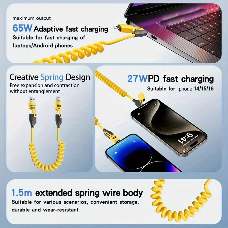 2pcs 4-in-1 Fast Charging USB-C To Type-C Cable, Retractable Spring Coiled Charger Cord for IPhone 16/15/14/13/12/11, for Huawei, for Samsung