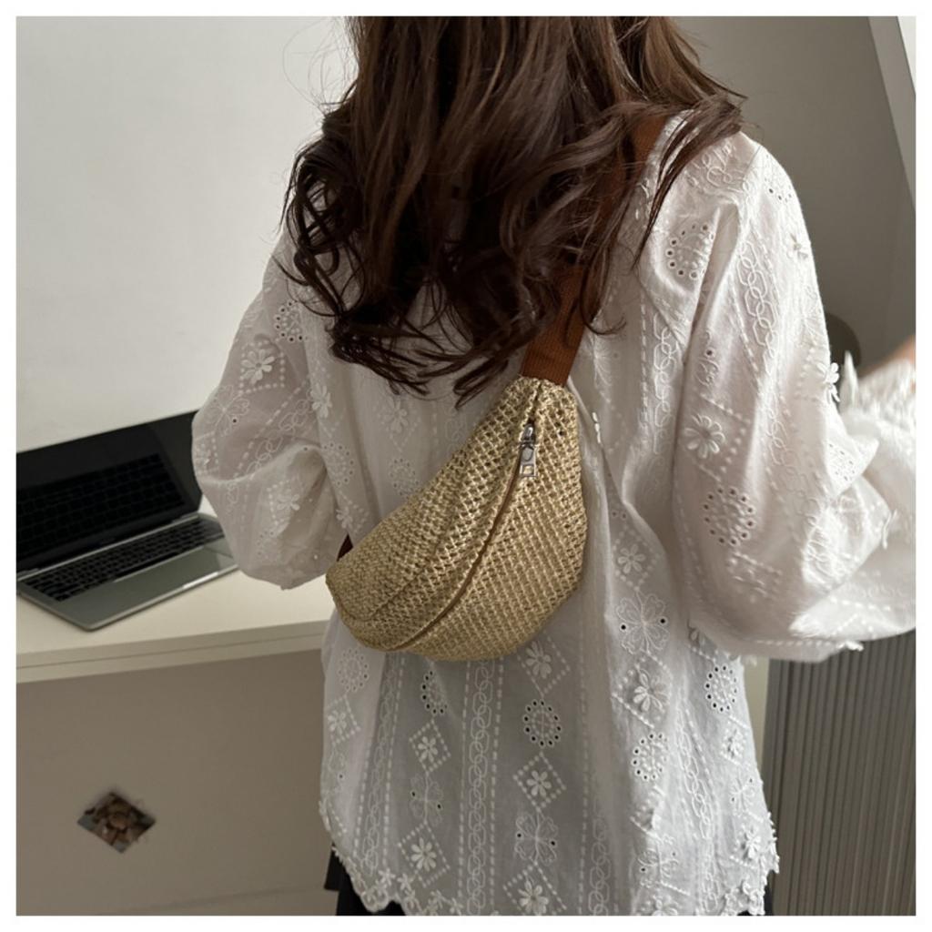 Women'S Stylish Woven Chest Bag - Light Brown, Crossbody Sling Phone Pouch with Zipper Closure, Versatile Waist Pack for Beach, Beach Bag