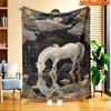 1pc Chinese Themed Blanket Suitable for All Seasons - Elegant Black Golden Horse & Auspicious Clouds Print Throw, Soft Flannel Bedspread, Machine Wash