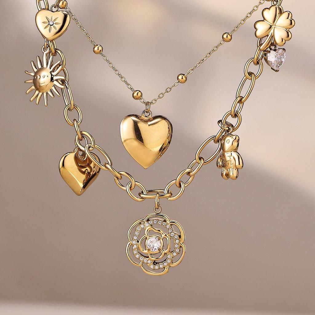 18K Gold Plated Stainless Steel Double Layer Heart Pendant Necklace