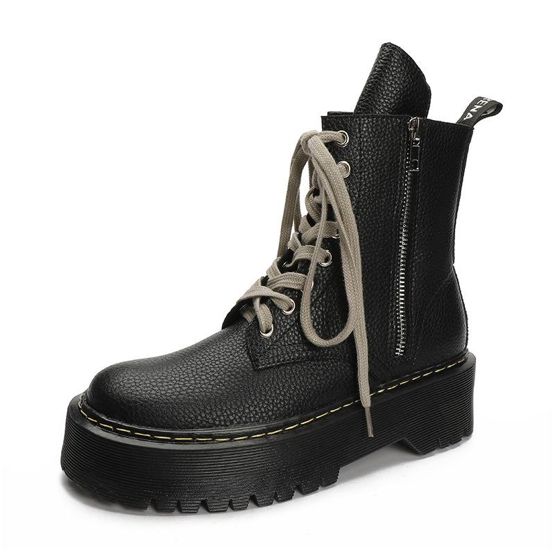 All Cowhide Pu Caiying Same Lychee Pattern Lace-Up Martin Boots Women'S Thick-Soled Medium Tube Handsome Knight Boots Heightening Short Boots