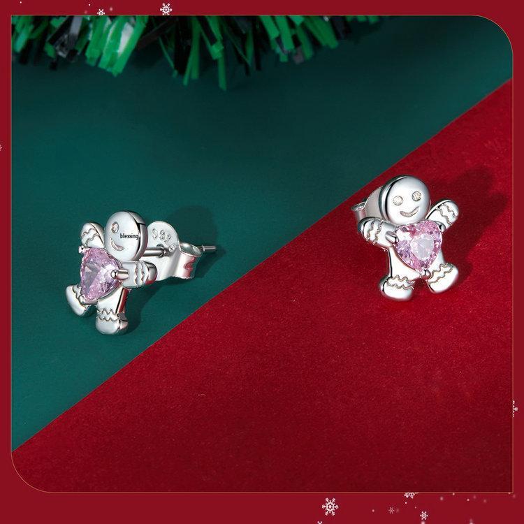 Yinziyun Gingerbread Man and Pink Heart Zircon S925 Sterling Silver Stud Earrings for Women