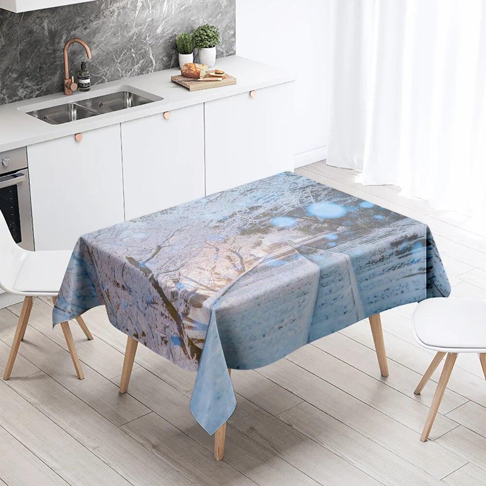 Față de masă cu zăpadă de iarnă frumoasă, anti-fouling, impermeabilă, dreptunghiulară, pentru decorarea casei