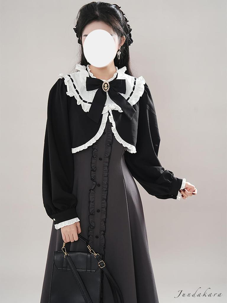 Jundakara Elegant Vest Dress and Coat Long Removable Ribbon and High French Girly Student XL Cape-Style Set, Sleeves, Ruffles, A-Line, Waist,