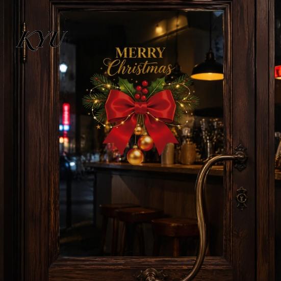 Holiday Glass Decals Christmas Red Bow Window Sticker, Gold Letter Merry Decal, Xmas Decor Waterproof Windows Clings for Home School Office