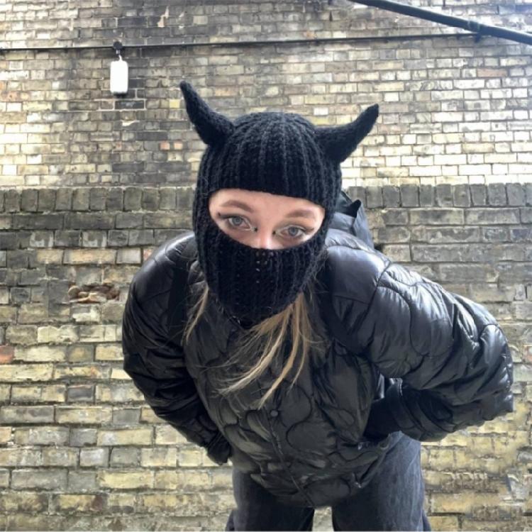 Knit Balaclava Cap Adult Novelty Beanie Hat with Devil Horns Fashion Winter Hat
