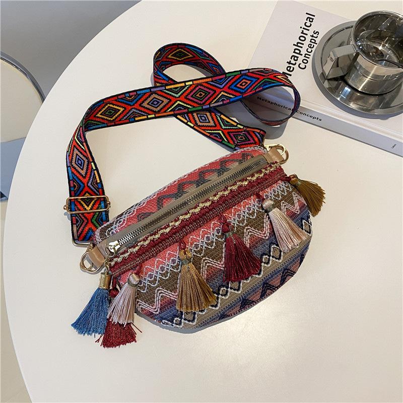 

Маленькая нагрудная сумка в этническом стиле, цветная, с кисточками, ретро-лентой, поясная сумка, сумка кроссбоди бордовый
