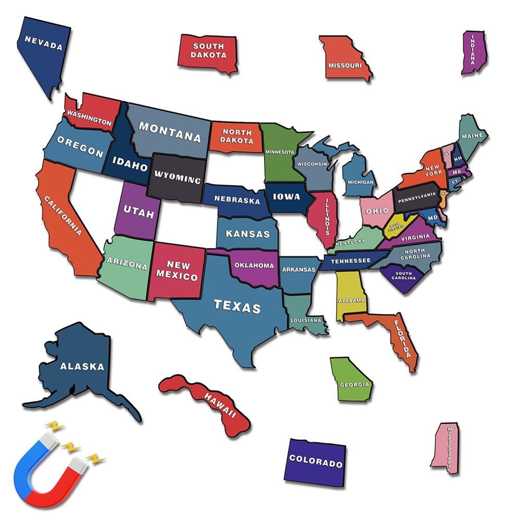 Magnetische Puzzle-Sticker mit den 50 Bundesstaaten der Vereinigten Staaten, mit Reisebezug . PVC Magnetische Puzzle-Aufkleber.