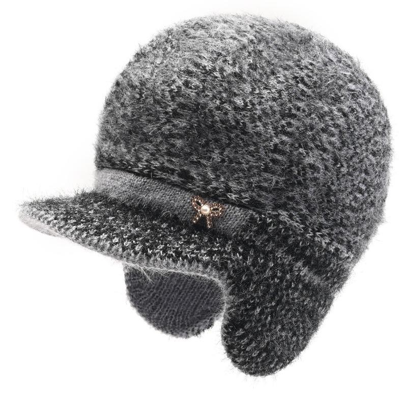 Winter Hat Female Old Lady Knitted Wool Hat Piled Thickened Warm and Cold Ear Hat