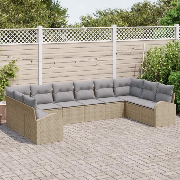 Ensemble de canapé de jardin 10 pièces avec coussins beige poly rattan, Canapé de jardin 2 places avec rangement et coussins 3354889