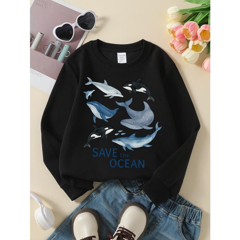 Girls' Crewneck Sweatshirt Whales Dolphins Fish Ocean Save Life Machine Washable, Spring And Autumn, Sportswear And Casual Wear