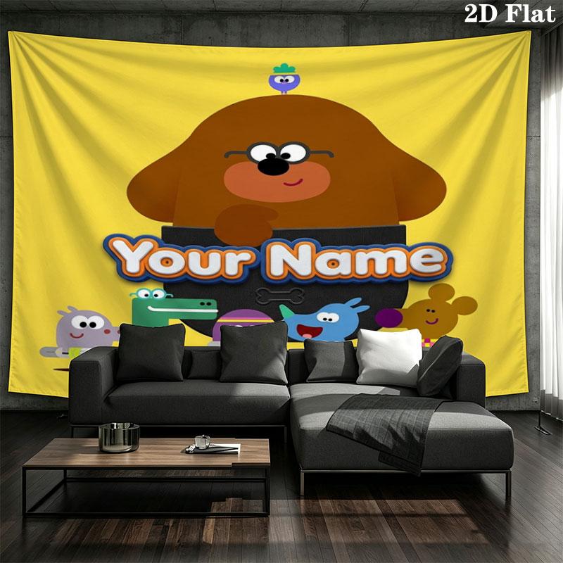 Hey Duggee Custom Name Wall Tapestry Aesthetic Wall Hanging Printed Fabric Blanket Decorative Tapestries for Bedroom Living Room Home Decor