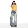 Women's Autumn Wide-Leg Low-Rise Jeans with Cat Whisker Design - Loose, Slimming, Floor-Length Pants