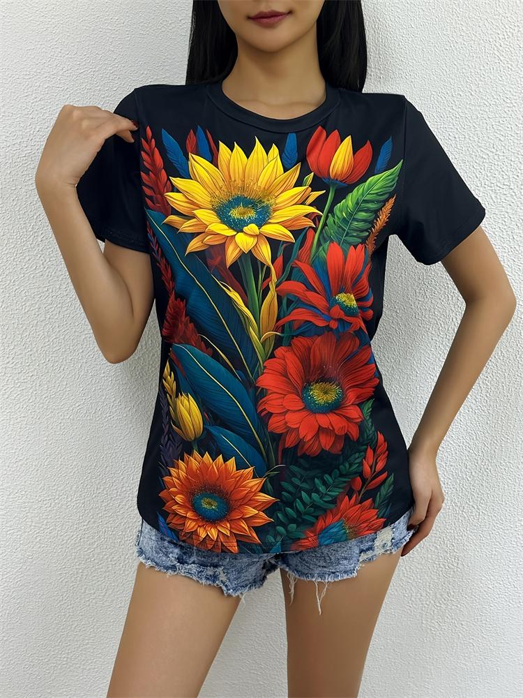 New casual women's short-sleeved blouse, floral print round neck blouse, fashion short-sleeved T-shirt, women's clothing