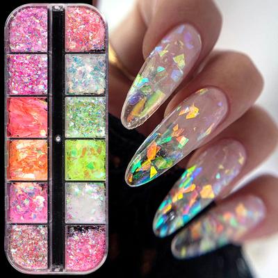12 grilles Aurora Chameleon Nail Glitter Flakes Irrégulière Cristal Verre Paillettes Poudre Brillant Sirène Paillette Nail Art Décoration