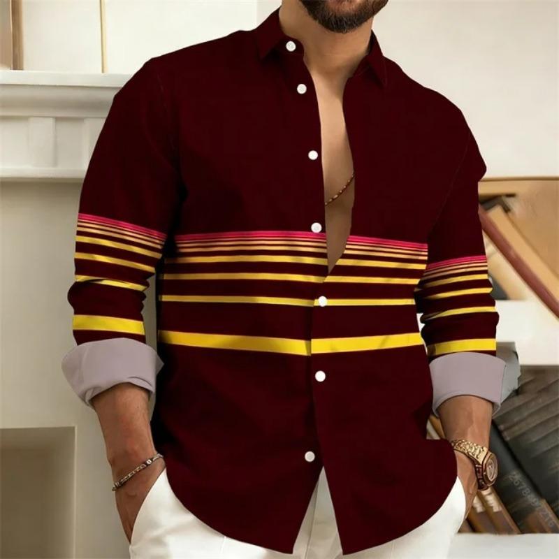 Camicia da uomo a blocchi di colore a righe orizzontali con colletto e maniche lunghe