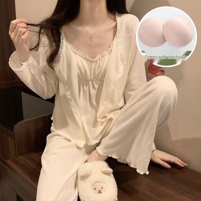 Hot-Selling 2024 Women's Long Sleeve Floral Pajama Set - Sexy Spring & Autumn Three-Piece with Chest Pads