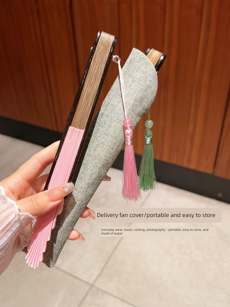 Pure Color Shell Fan Chinese Ancient Style Cotton and Linen Fan Minimalist Fresh Folding Fan Retro Portable Female for Cheongsam Summer Cool Fan