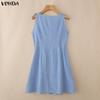 VONDA Women Sleeveless Elastic Waist Plaid Print Ruffled Casual Mini Tank Dress