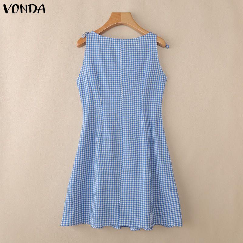 VONDA Women Sleeveless Elastic Waist Plaid Print Ruffled Casual Mini Tank Dress