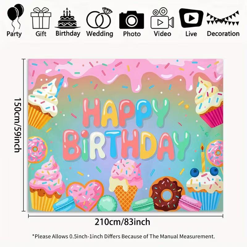 2D Dessert Themed Birthday Backdrop with Cupcakes, Donuts and Ice Cream Party Banner 47.2x31.5inch/120*80cm