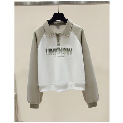 Damen Frühling und Herbst POLO Kragen Langarm Sweatshirt Locker Knopf Buchstaben Druck Kontrast Vielseitig