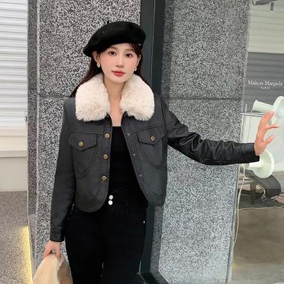 Leather Jacket Women's Autumn and Winter Velvet Thickening Small Loose Casual Retro Fur All-in-one Motorcycle Jacket