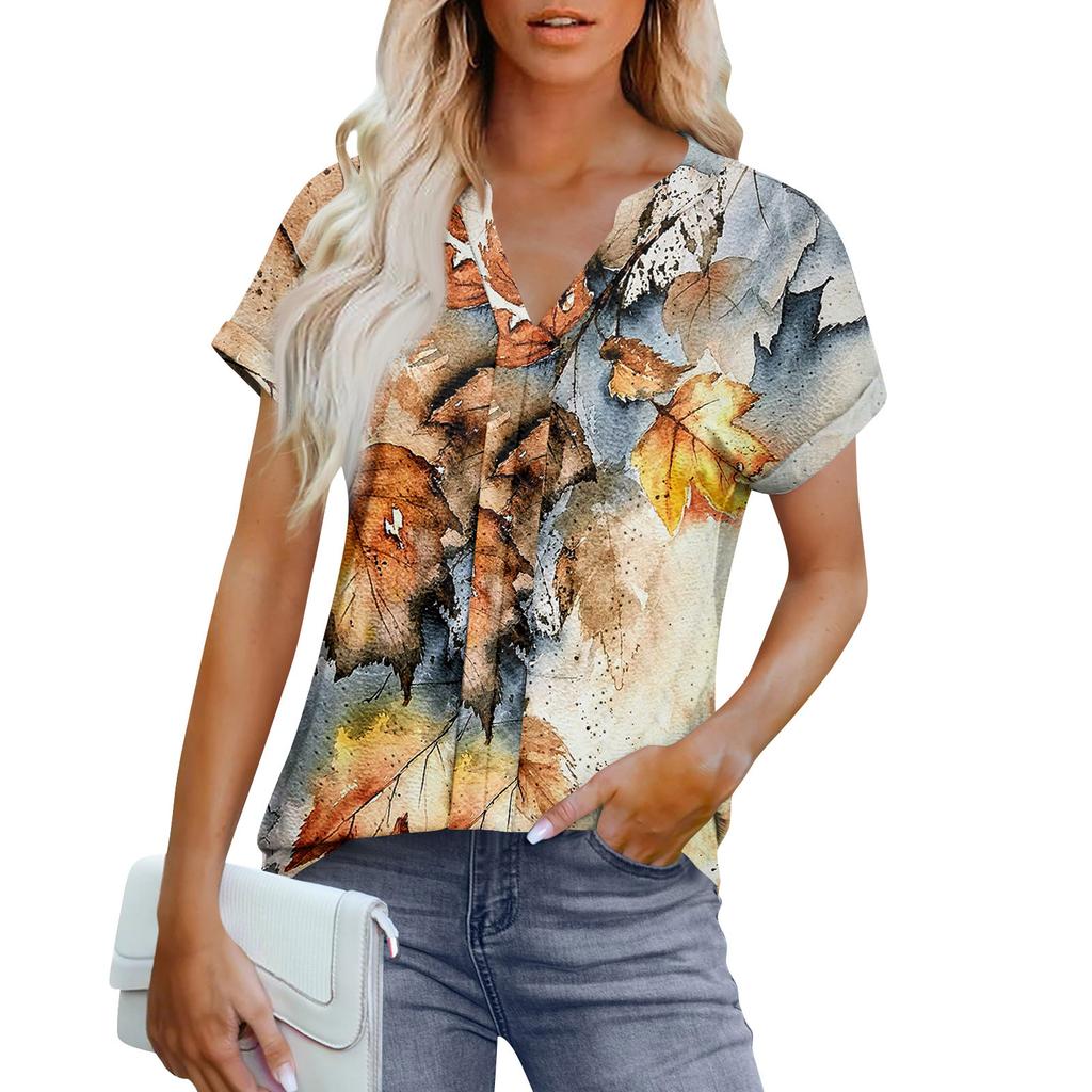 Womens Tops Short Sleeve V T-Shirt Blouse Dressy Causal Printing  Eyelet Embroidery Summer Fashion Clothes