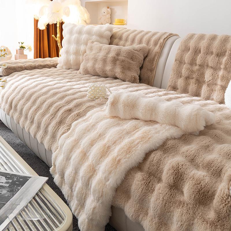Rabbit Plush Sofa Cushion Winter Thickened Fleece Cover Warm Non-Slip Three-Seat Sofa Protector